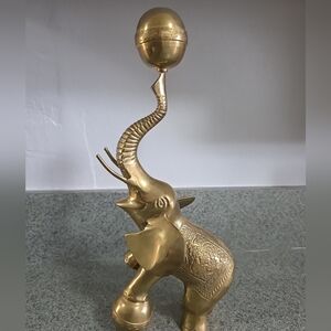 Large Brass Circus Elephant Statue on Ball Trunk Up